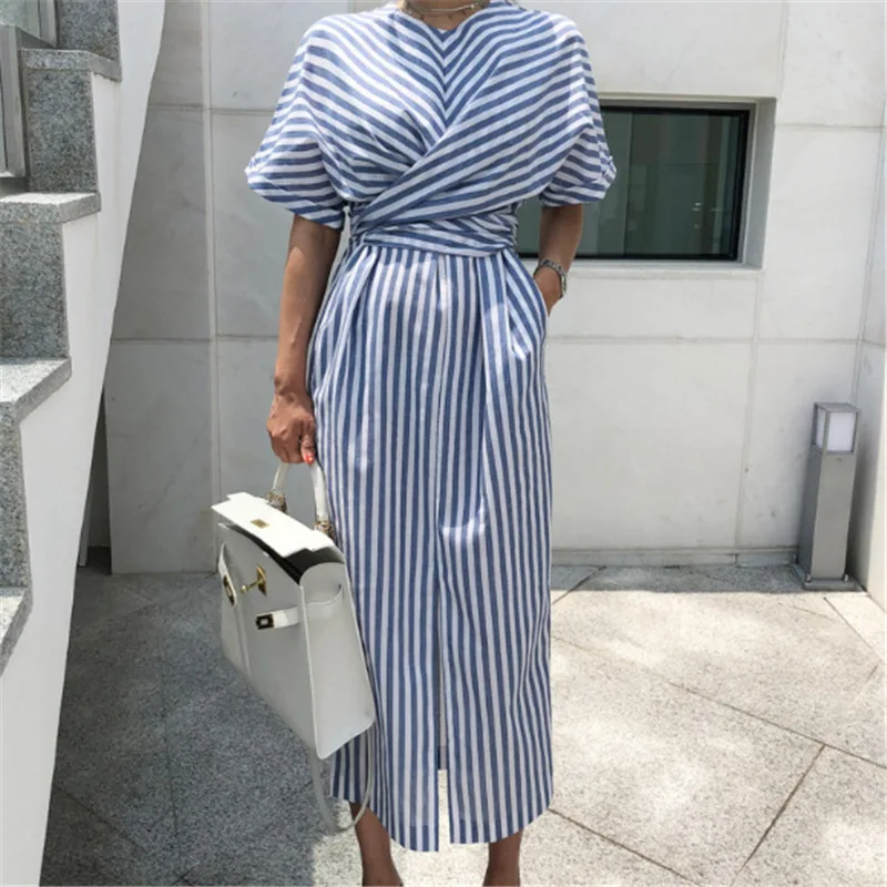 

Maxi Dress 2019 Summer Cotton Blue Striped Bandage Split Sashes Women's Dresses Casual Bodycon Beach Dress Vestido Robe Femme