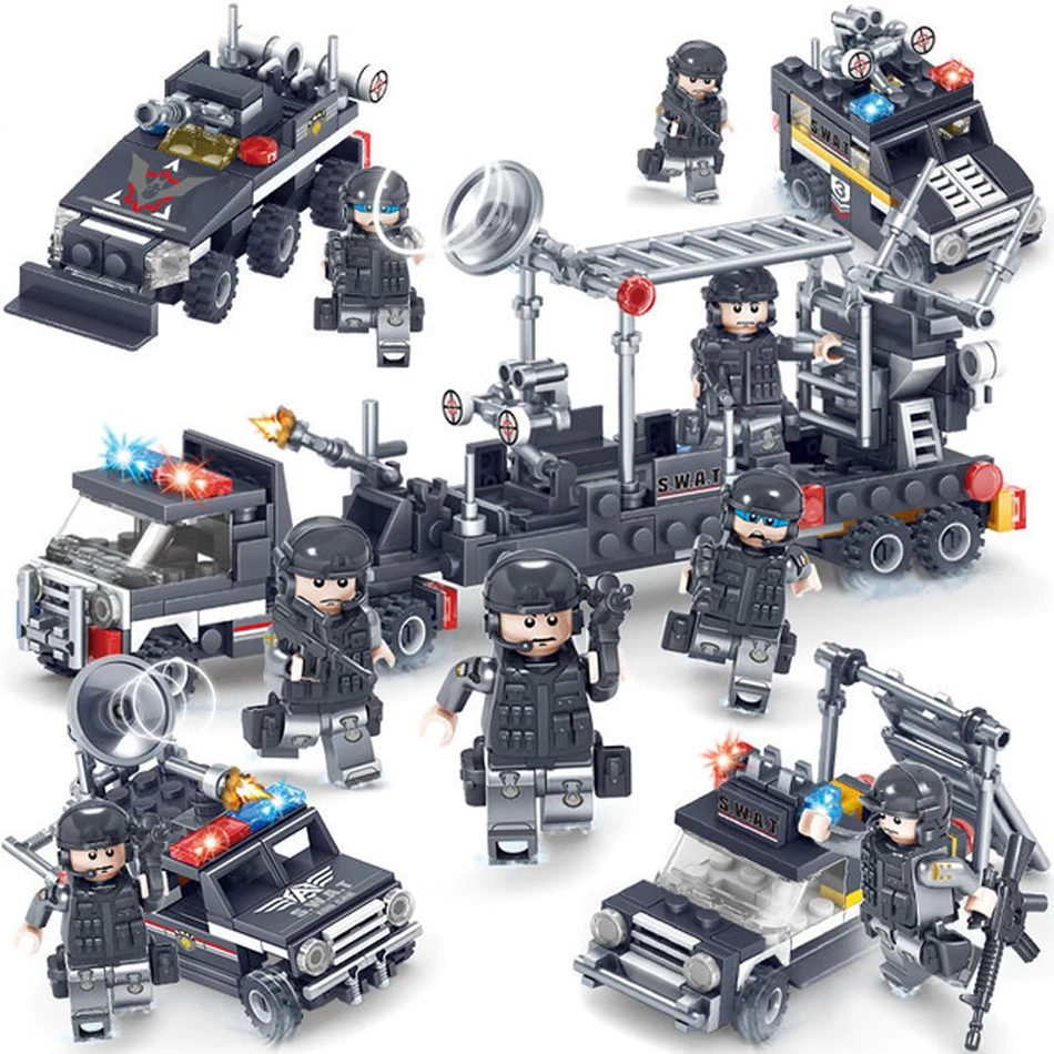 

363PCS Military SWAT Police 4in1 Commando Truck Car Model Compatible Legoingly City Building Blocks Bricks Toy For Children
