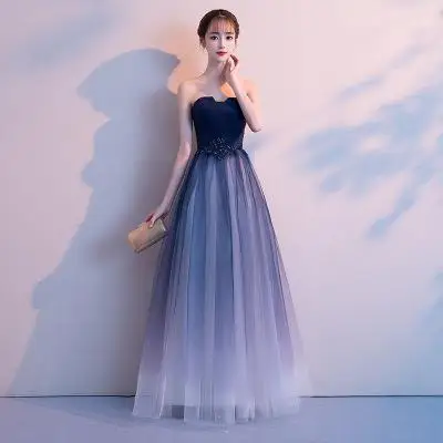 Новое весеннее и осеннее Длинное Элегантное Вечернее Платье с градиентом - Цвет: Синий