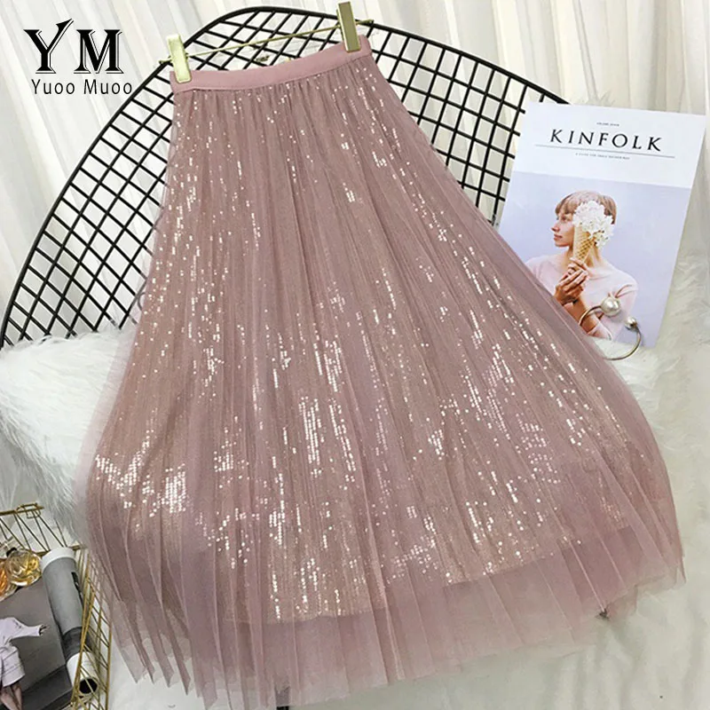 YuooMuoo Роскошные летние женские длинные юбки модные трапециевидные женские плиссированные юбки с высокой талией женская розовая блестящая сетчатая юбка - Цвет: Розовый
