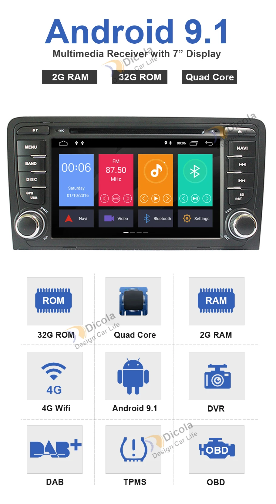 Excellent Car Multimedia Player Android 9.1 GPS 2 Din Car DVD Player For Audi A3/S3 2003-2011 Canbus 2GB RAM 32GB ROM wifi 4G Radio FM 4