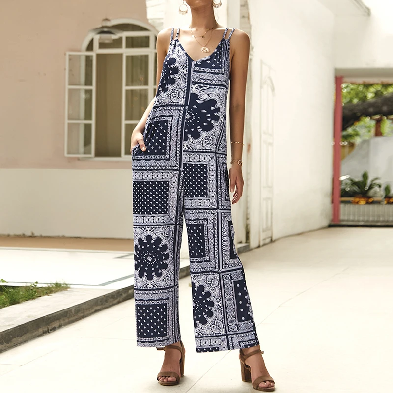 Hot Summer Women Boho Strappy Wide Leg Long Pants Jumpsuit Beach Holiday V Neck Sleeveless Casual Loose Vintage Printed Jumpsuit Hot Summer Women Boho Strappy Wide Leg Long Pants Jumpsuit Beach Holiday V Neck Sleeveless Casual Loose Vintage Printed Jumpsuit