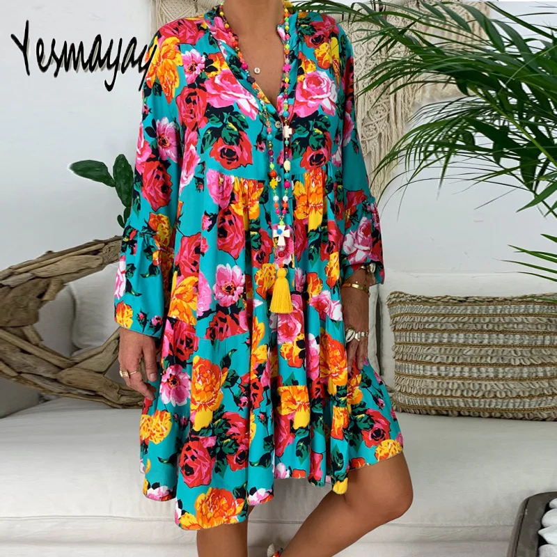 

Oversize Women Dress Plus Size Elegant Floral Print V-neck Vintage Dress Spring Summer Women Dresses Knee Length Vestidos 2019