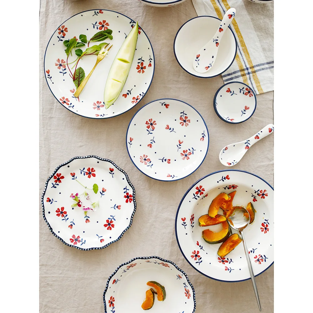 

ceramic cutlery round red flower printed under glazed porcelain dinnerware spoon plate bowl creative gift kitchen food container