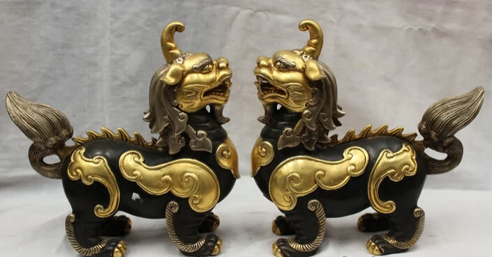 

JP S0524 Chinese Feng Shui Bronze 24k Gilt Foo Fu Dog Kylin Unicorn Beast Statue Pair Discount 35%