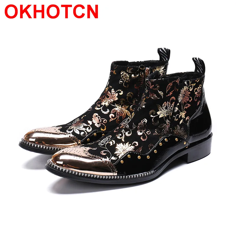 - Large Size Metal Toe Business Mens Boots Real Leather Dress Boots Floral Studded Cowboy Western Martin Chelsea Ankle Boots Male