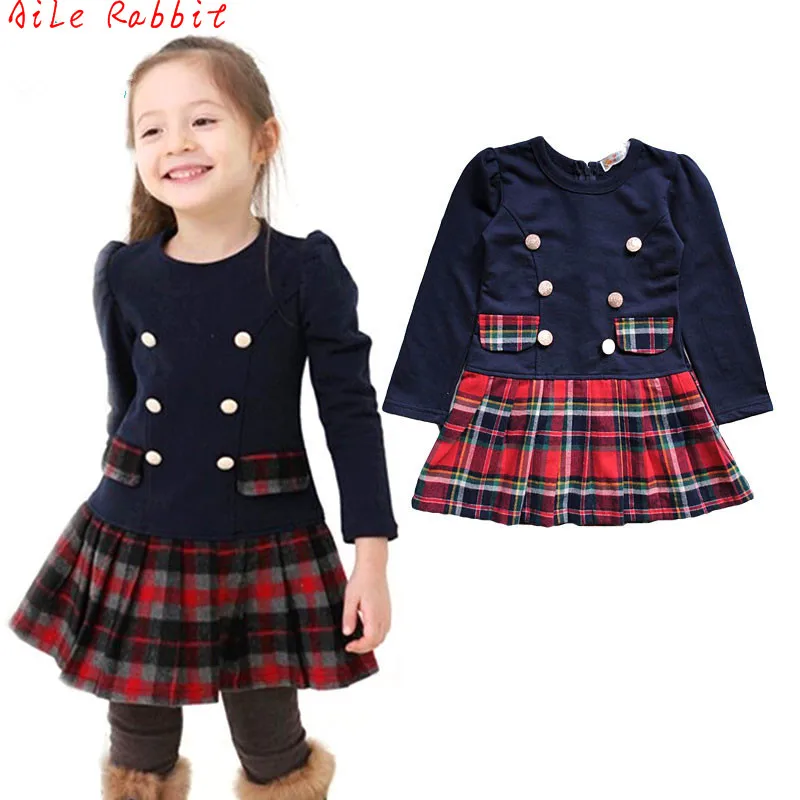 2018 3-7years Fall Winter Double Breasted Dress for Girls Children Baby Plaid Full Sleeve Dress School Dresses for Kid Girls