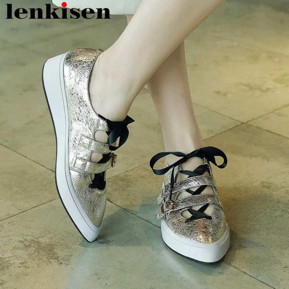 

Woman loaders oxford pointed toe riband lace up cow leathe buckle strap med bottom platform British style vulcanized shoes L85
