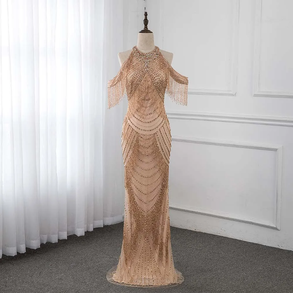 

Rose Gold Rhinestones Long Evening Dresses Halter Formal Evening Gown Competition Mermaid Back Slit YQLNNE
