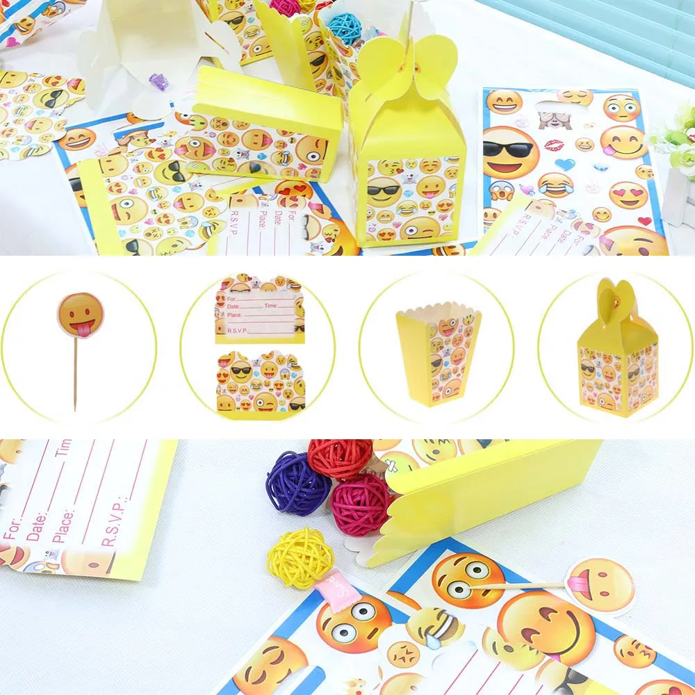 

2018 New Emoji Expression Theme Party Decorations Cartoon Popcorn Candy Boxes Birthday Party Supplies Flags New Party decor