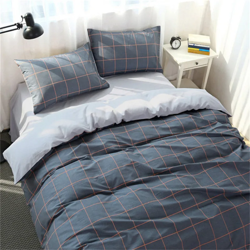 

coxeer 4Pcs Simple Comforter Bedding Set Lattice Stripe Printed Quilt Cover Bed Sheet Pillowcase Set For Room Roupa De Cama New