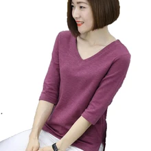 Весенняя футболка женская мода сплошной цвет Большие размеры свободные Для женщин футболка с v-образным вырезом элегантные женские топы camisetas Mujer