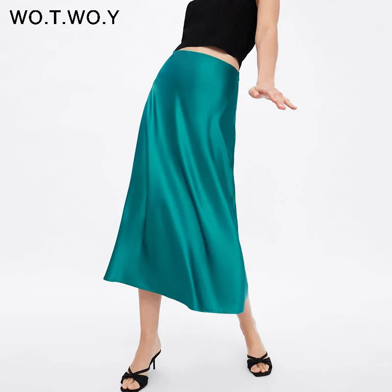 

WOTWOY 2019 Hot Trend Satin Skirts Women High Waist Zipper Slim Loose A-line Skirts Lady Pink Blue Streetwear Skirt