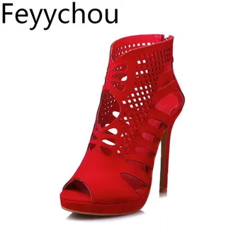 

Women Sandals 2018 New Sexy Fashion Spring Summer Super High Heels Flock Zip Platform Peep Toe Party Wedding Shoes Black Red