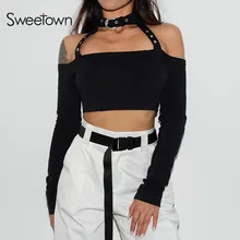 Sweetown Vogue, укороченный топ, Корейская футболка, сексуальная, с открытыми плечами, с длинным рукавом, рубашка для женщин, осень, чокер, воротник, укороченный, женские футболки