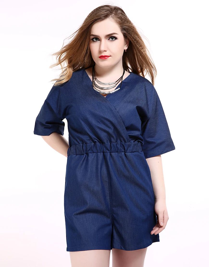 Cute Ann Women's Sexy V neck Plus Size Denim Jumpsuits And Rompers Loose Blue Short Sleeve ...