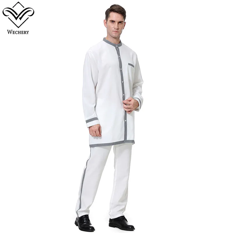 Wechery S-3XL костюмы мужские Мусульманский Стиль двойка топы и штаны комплект серый белый бежевый с длинным рукавом карманом jubba thobe