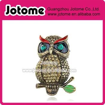 

Antique Gold Tone Light Multicolored Rhinestones Mean Eyebrows Owl Bird Brooch Pin