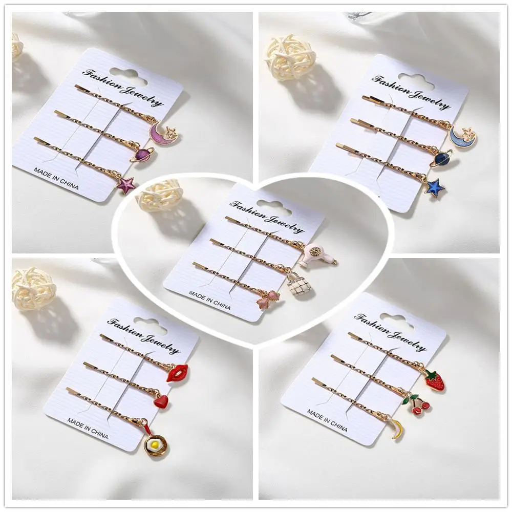 

3pcs/Set Cute Fruit Star Moon Pendant Hair Clips Handmade Barrette Decoration For Girls Hair Accessories Bangs Clip Wave Clip