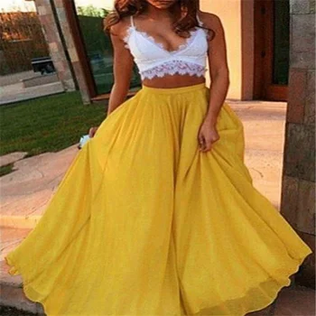 

Women Long Skirts Elegant Elastic Waist Pleated Maxi Skirts Solid Color Beach Boho Vintage Style Summer Double Swing Skirts