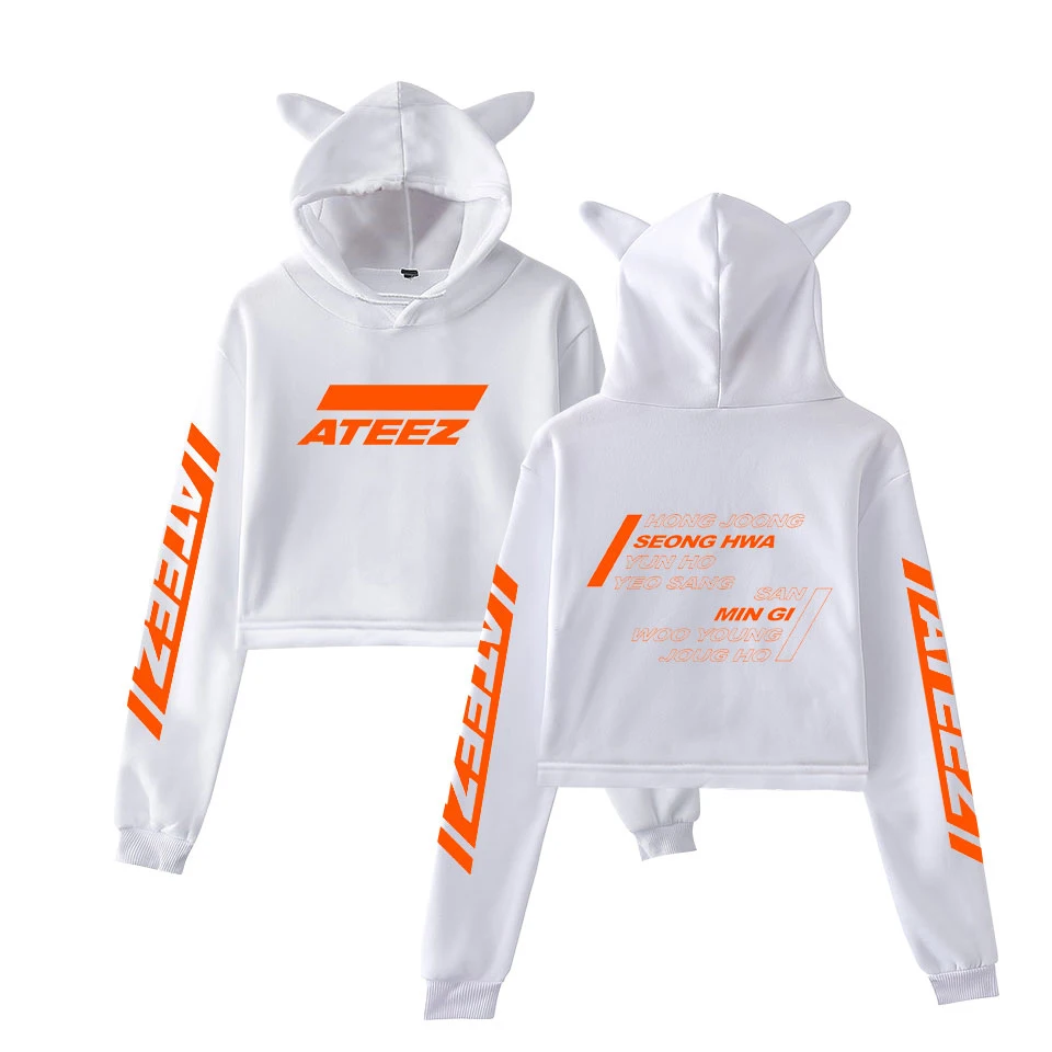  Kpop ATEEZ Cat Crop TopHoodies Sweatshirt Sexy Hoodies Harajuku Hongjoong Seonghwa Yunho Yeosang Sa