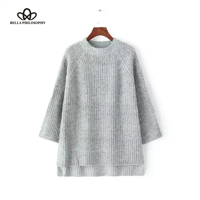 

Bella Philosophy 2016 autumn winter casual O-Neck long sleeve sweater gray red