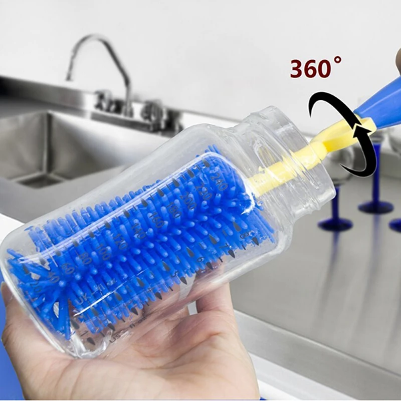 

High quality Baby Bottle Nipple Brush Milk Feeding Cleaning Rotating Silica Gel Hanging Brush