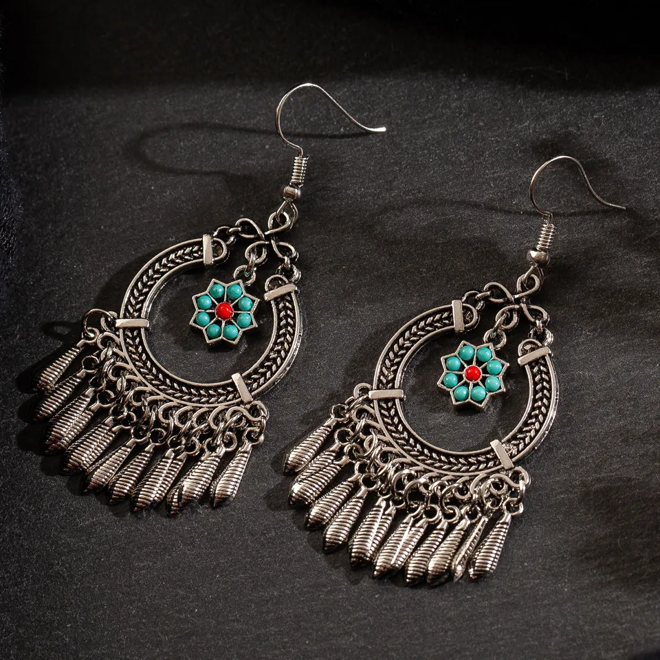 

Vintage ethnic indian silver gold metal tassel flowers shaped geometric dangle hanging drop wedding earrings for women jewelry