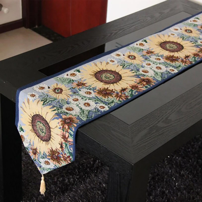 

Yellow Rural Sunflower Table Runner Cloth Jacquard Design Table Flag Home Wedding Dining Decoration Bed Runner