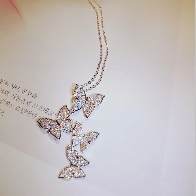 Милая подвеска в виде бабочки, длинное серебряное ожерелье с цирконием, колье, модные корейские драгоценности, ожерелье
