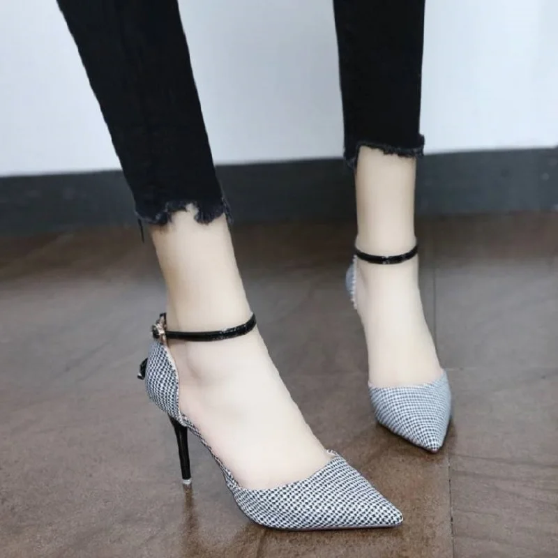 

High-heeled women's fine with rhinestone word buckle with 2019 spring and summer new pointed shallow mouth single shoes
