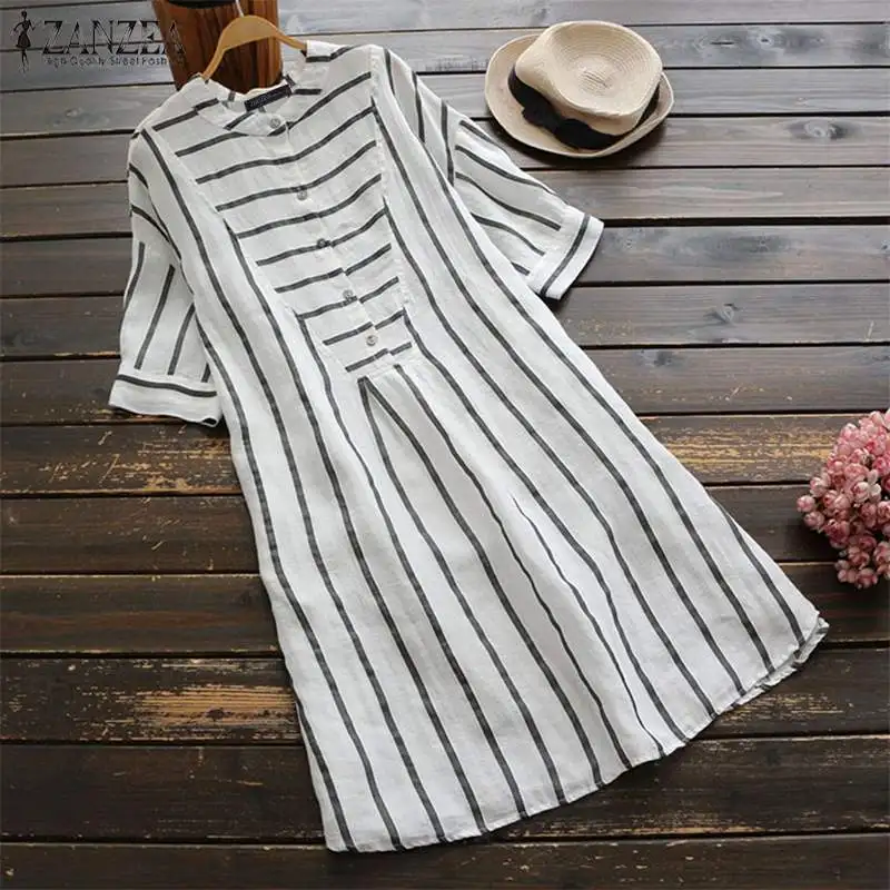 

2019 ZANZEA Women's Striped Sundress Summer Half Sleeve Work OL Vestidos Casual Party Blusas Robe Femme Shirt Dress Plus Size