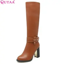 QUTAA западный стиль г. высокие сапоги до колена из полиуретановой кожи с квадратным высоким каблуком на молнии женская обувь мотоботинки сапоги для езды размер 34–43