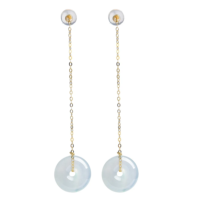 

2019 new 18K gold inlaid natural A goods ice white jade earrings safety buckle jade earrings female models with certificate