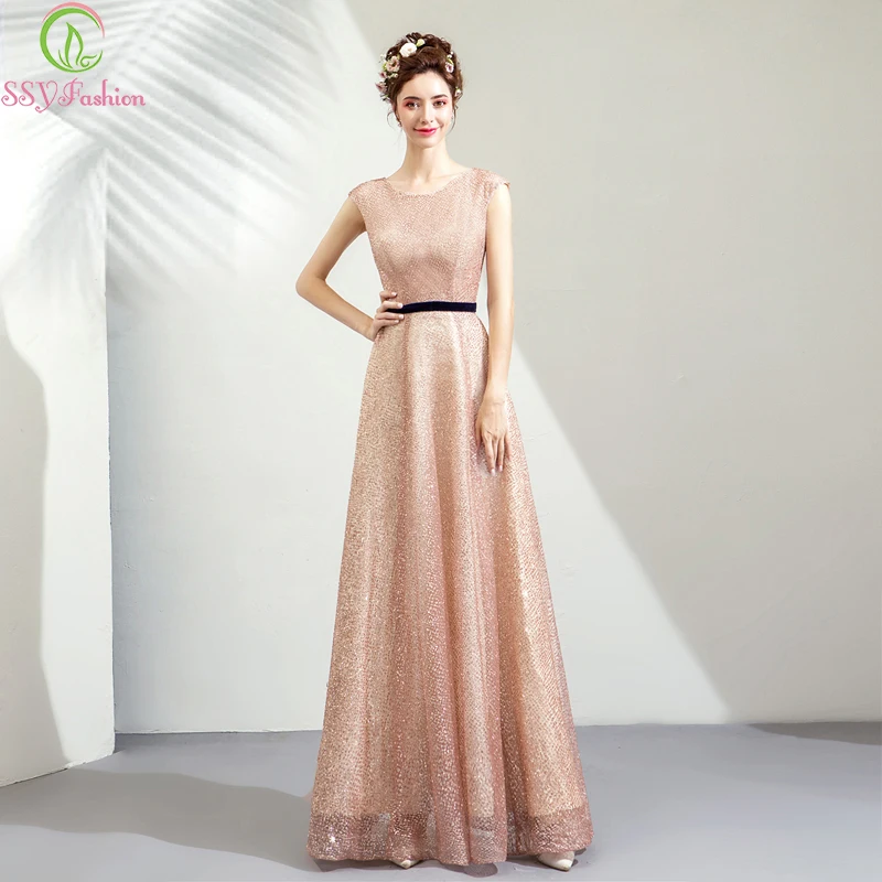 

SSYFashion New Simple Evening Dress Sleeveless Floor-length Shining Champagne Elegant Formal Party Dress Robe De Soiree