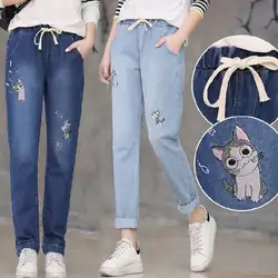 2018 Новый Кот с эластичной талией прямые джинсы женские брюки женские свободные джинсы Большие размеры