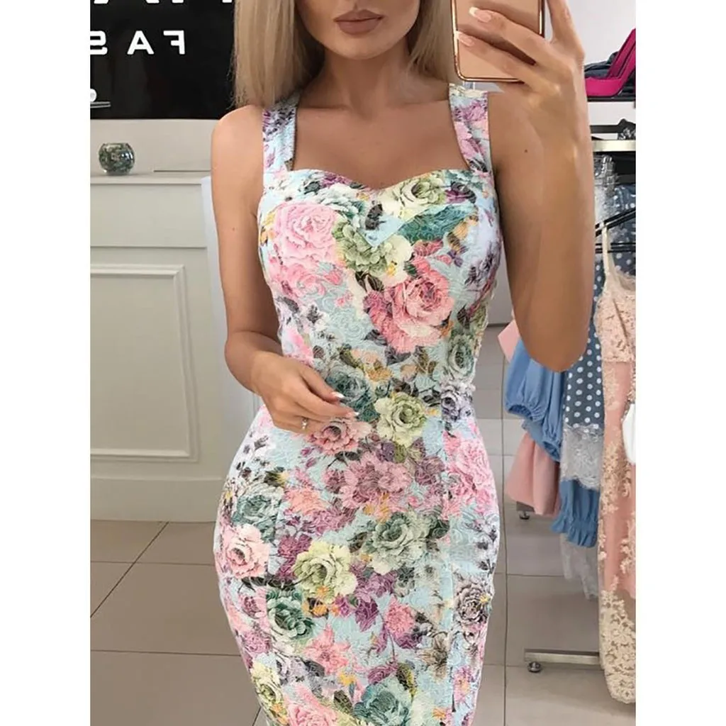 

MUQGEW dress women summer flower printed 2019 womens Summer Print Color Block Sleeveless Dress Maxi Mini Sundress#Y4