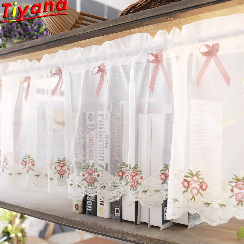 

Embroidered Tulle Short Curtain for Kitchen Green/Pink Bow Short Curtain for Small Windows Pastoral Style White Tulle QT038#30