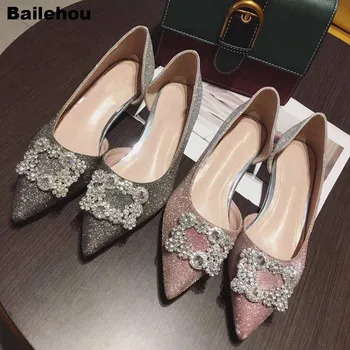

Women Bling Flats Shoes Brand Rhinstone Buckle Pointed Toe Ballet Shoes Low Heel Zapatos Mujer Wedding Party Crystal Female Shoe