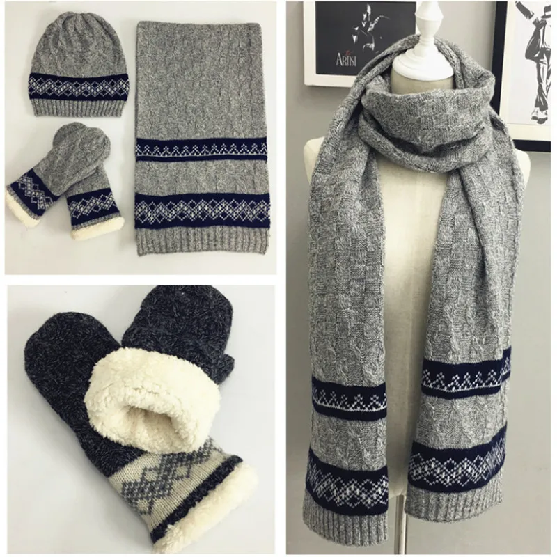 Knitted Winter Scarf Hat Glove Sets For Men Crochet Warm Thick Velvet