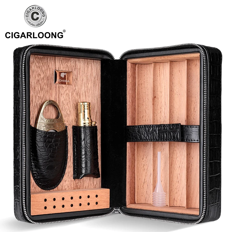 Cigar Case Humidor For 4 Cigars Cedar Wood Lined Leather Travel Cigar Humidor Humidifier Set Gift Box(No lighter cutter