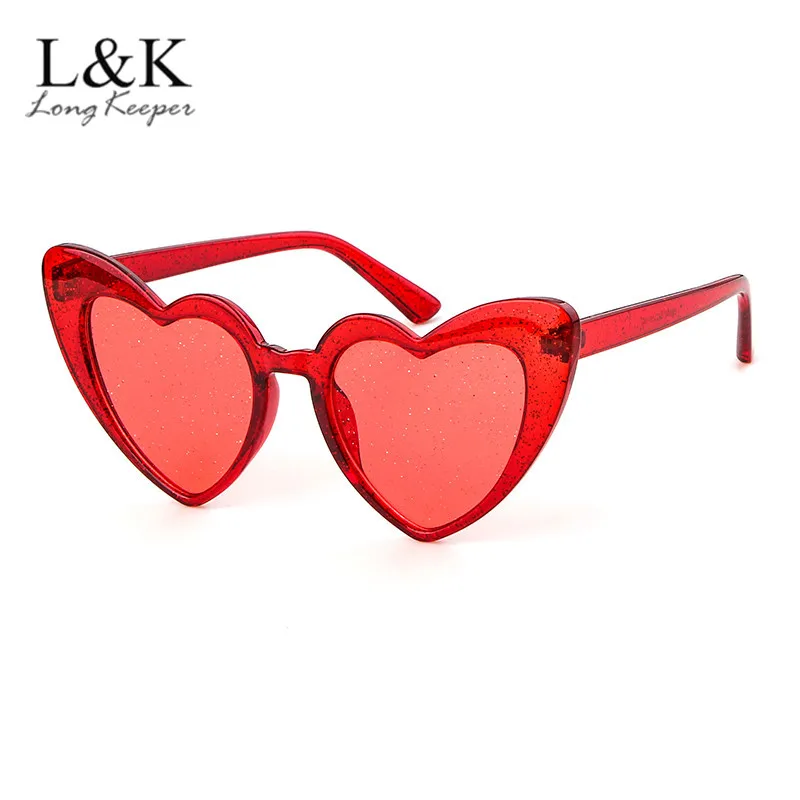 Long Keeper 2018 New Womem Popular Heart Sharp Woman Cat Eye Sunglasses Lovely Glitter Red Pink Candy Colors Glasses UV400