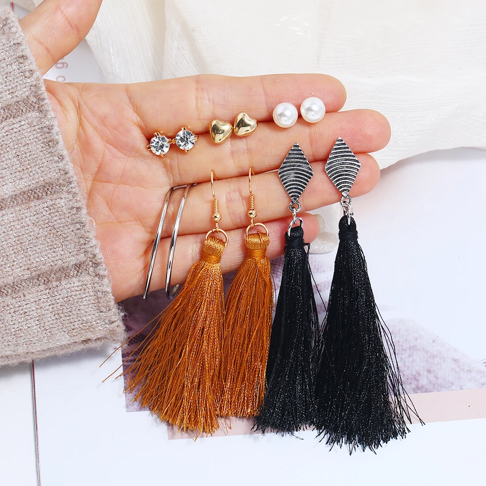 

Fashion 6 pair/set Women Round Crystal Heart Stud Earrings for Women Long Tassel Simulated Pearl Earrings for Girls Jewelry