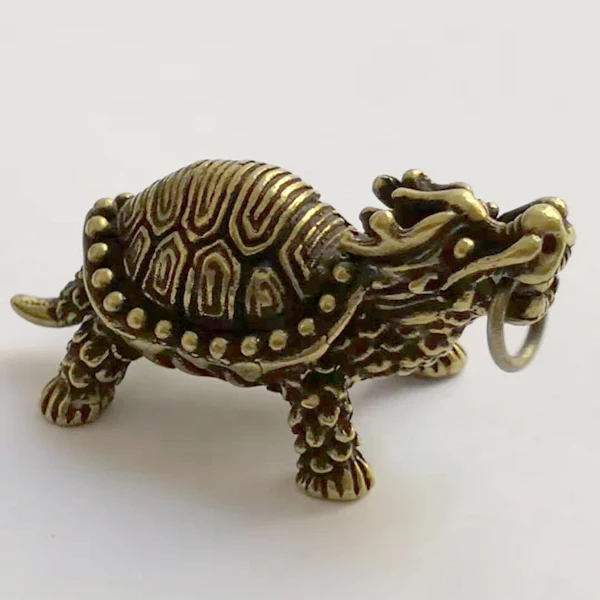 0030 1Delicate Old-style Brass Carved Ancient Chinese Mythical Beast Dragon Turtle Statue Auspicious Pendant