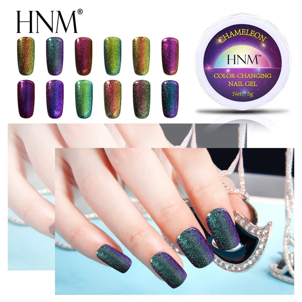 

HNM 12 Colors 5g Chameleon UV Gel Nail Polish Semi Permanent Soak Off LED Lamp Gel Nail Polish Glitter Lucky Lacquer Top Base
