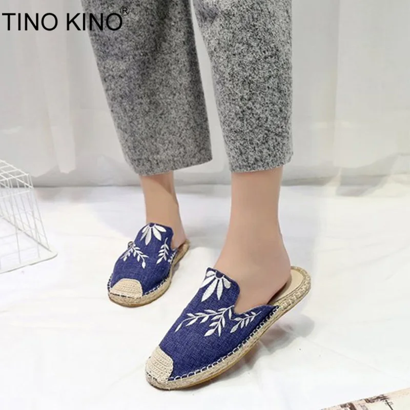 

TINO KINO Women Embroidery Canvas Flat Summer Slippers Mules Ladies Handmade Straw Slip On Casual Shoes Female Fashion Plus Size