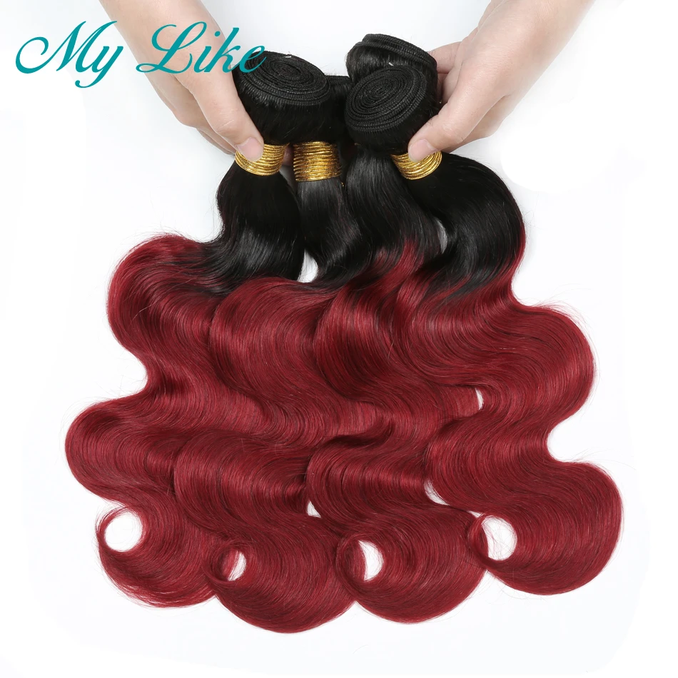 My Like Омбре бразильские тела волнистые волосы плетение 4 пучка 1b Бордовые Черные-красные Омбре натуральные волосы пучки не Реми наращивание
