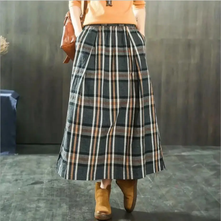 

Vintage cotton linen plaid A-line skirt saia female autumn