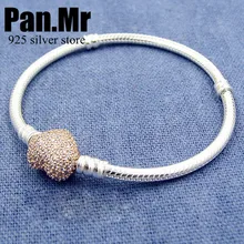 

NEW! Perfect Charm Logo Engraved Silver 925 chain pan bracelets rose Pave Heart Clasp Bangle women gifts birthday,1pz