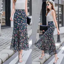 Весна осень Женская богемная Высокая талия легкий цветочный Рисунок шифоновая длинная юбка-годе Женская Плюс Размер пляжные юбки до колена R29